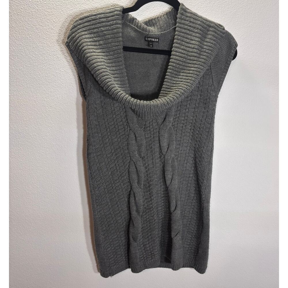 Express Gray Cable Knit Sweater Dress Tunic Cowl Neck Sleeveless Medium